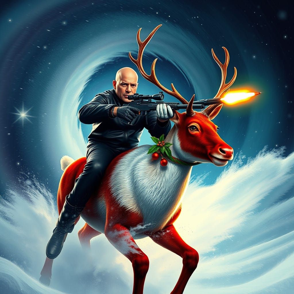 Heroic Adventurer Rides Rudolph Through Futuristic North Pol...