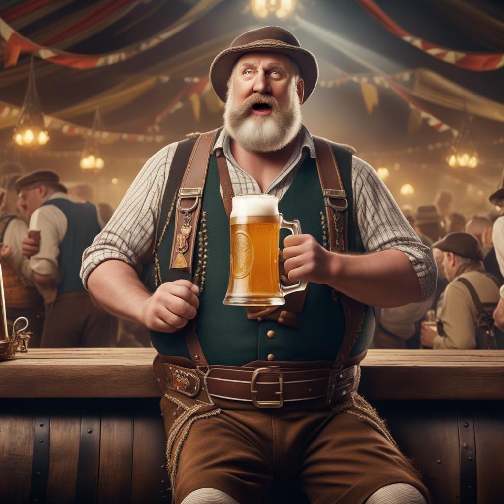 Big belly man in lederhosen drinks a pint of beer at beer fe...