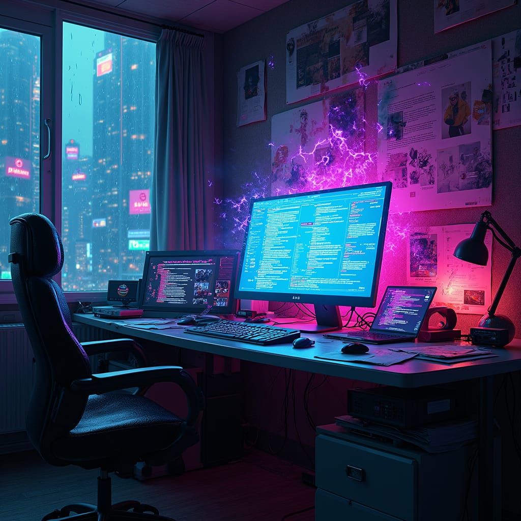 Cyberpunk Digital Workspace with Neon Code and Futuristic Ga...