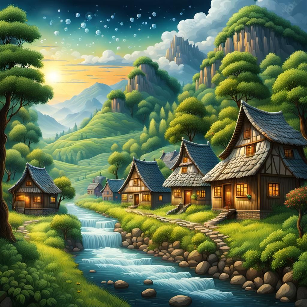 Village by Mountain in Binary Code Dream