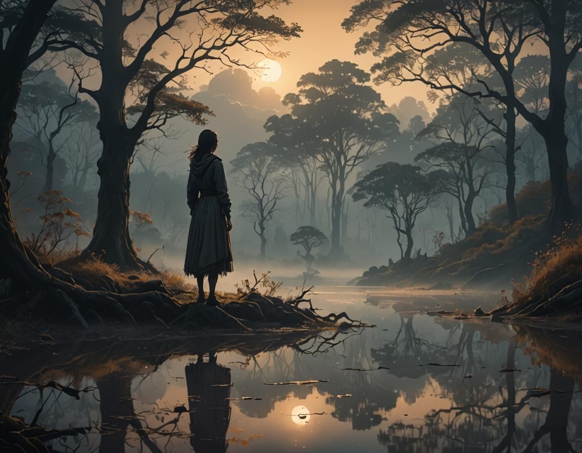Woman in Misty Landscape, Atmospheric Concept Art
