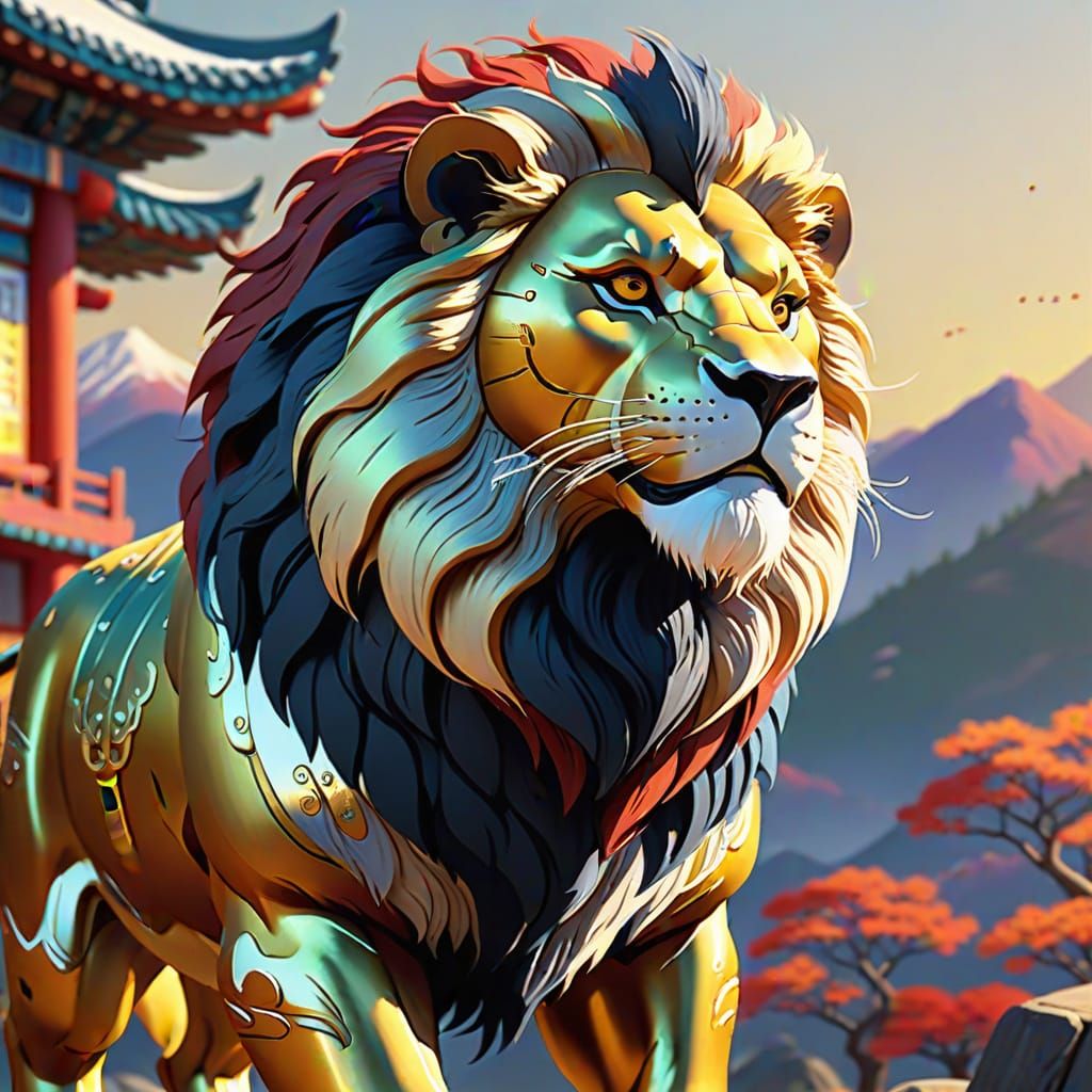 Majestic Korean Lion in Vibrant Animated Style