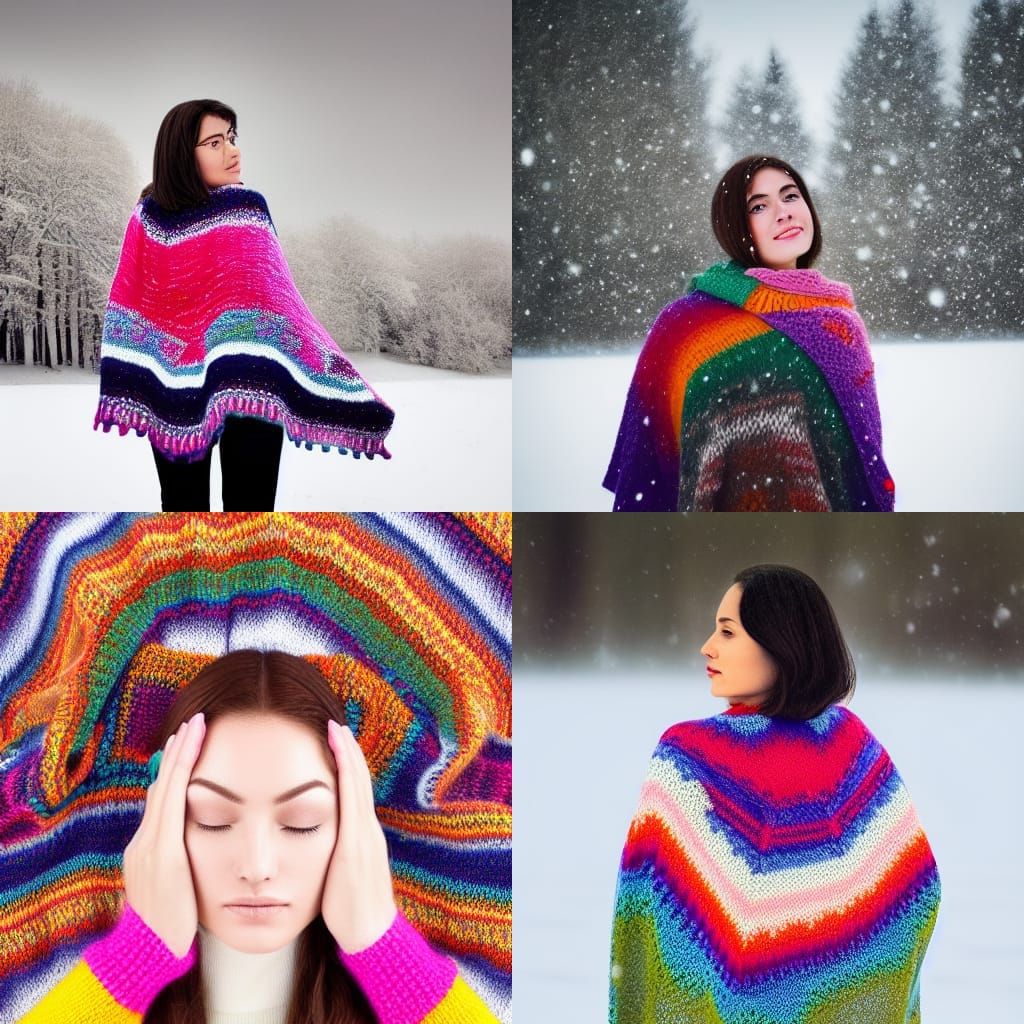 Woman in Knitted Shawl Amidst Snowy Field