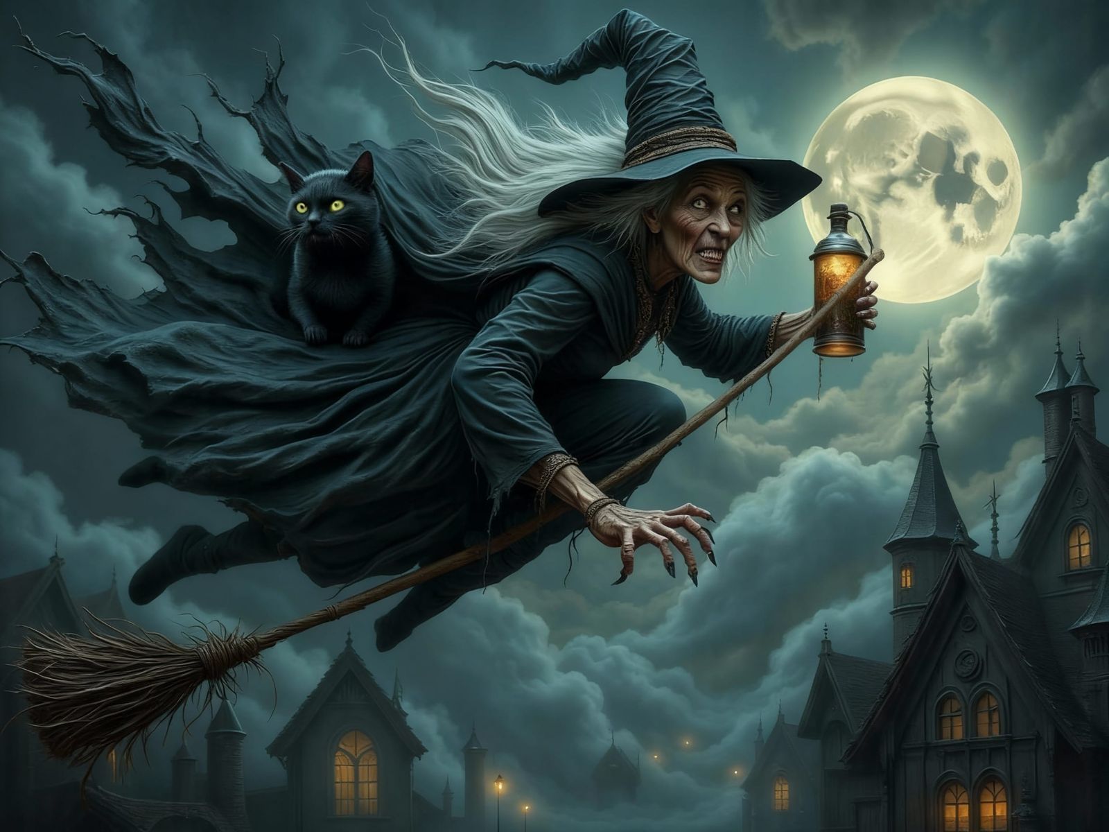 Drunken Witch's Chaotic Flight in Stormy Sky