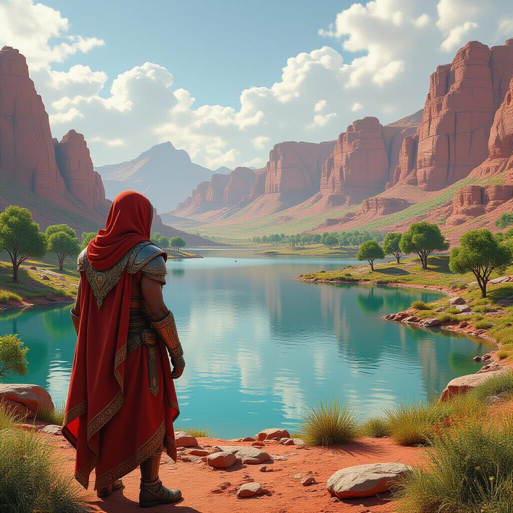 Ancient Mars Lake Surrounded by Lush Greenery and Red Mounta...