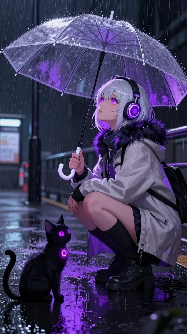 A young girl crouched under a translucent umbrella...