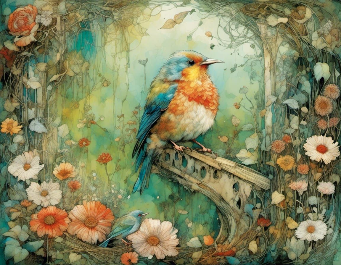 Bird Song in Lush Cottage Garden, Watercolor Style