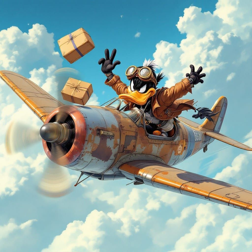 Daffy Duck as Vintage Aviator in Comic Book Style