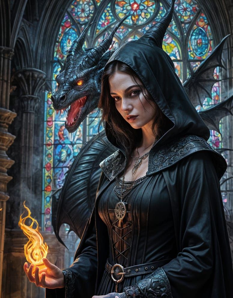 Tattooed Witch Summons Dragon in Gothic Cathedral