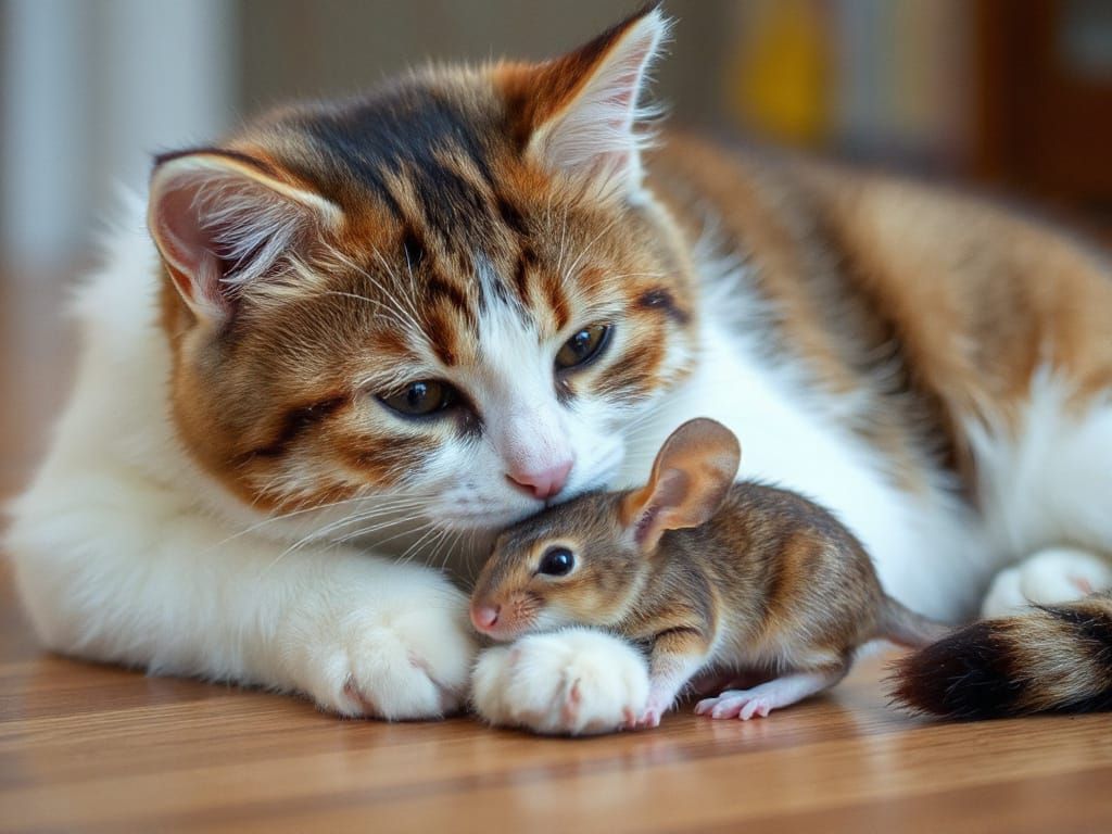 Cute Cat Cuddles With Mouse in Adorable Friendship