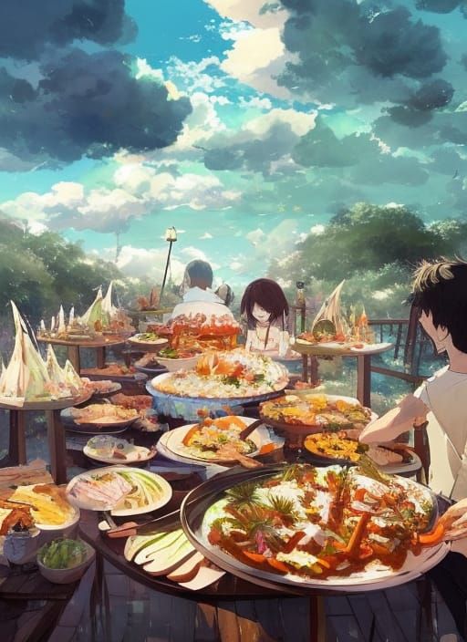 Beach Buffet Feast in Anime Style
