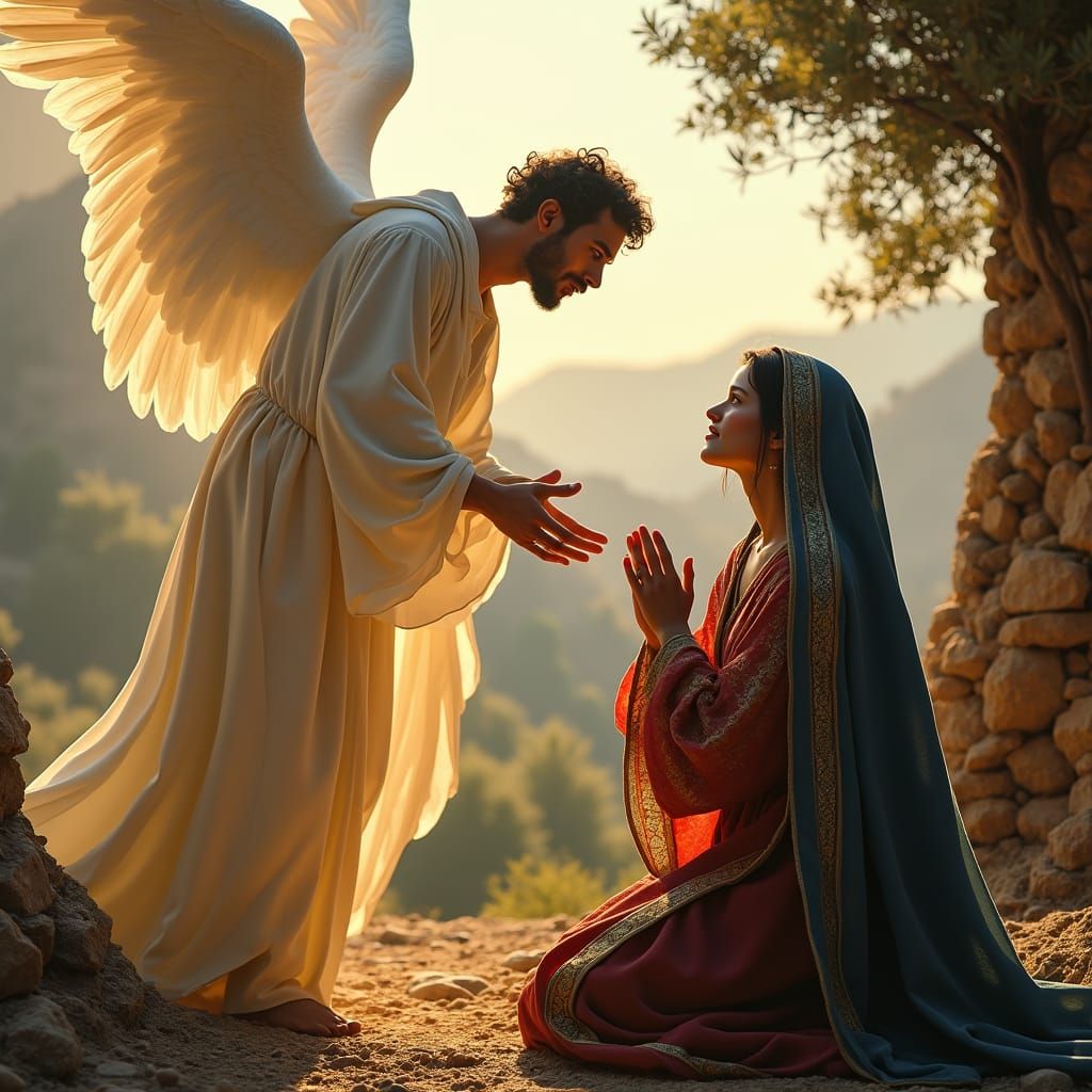 Angel Gabriel Descends in Ethereal Light to Greet the Virgin...