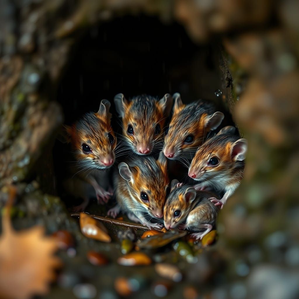 Cozy Family of Mice in a Rainy Nook