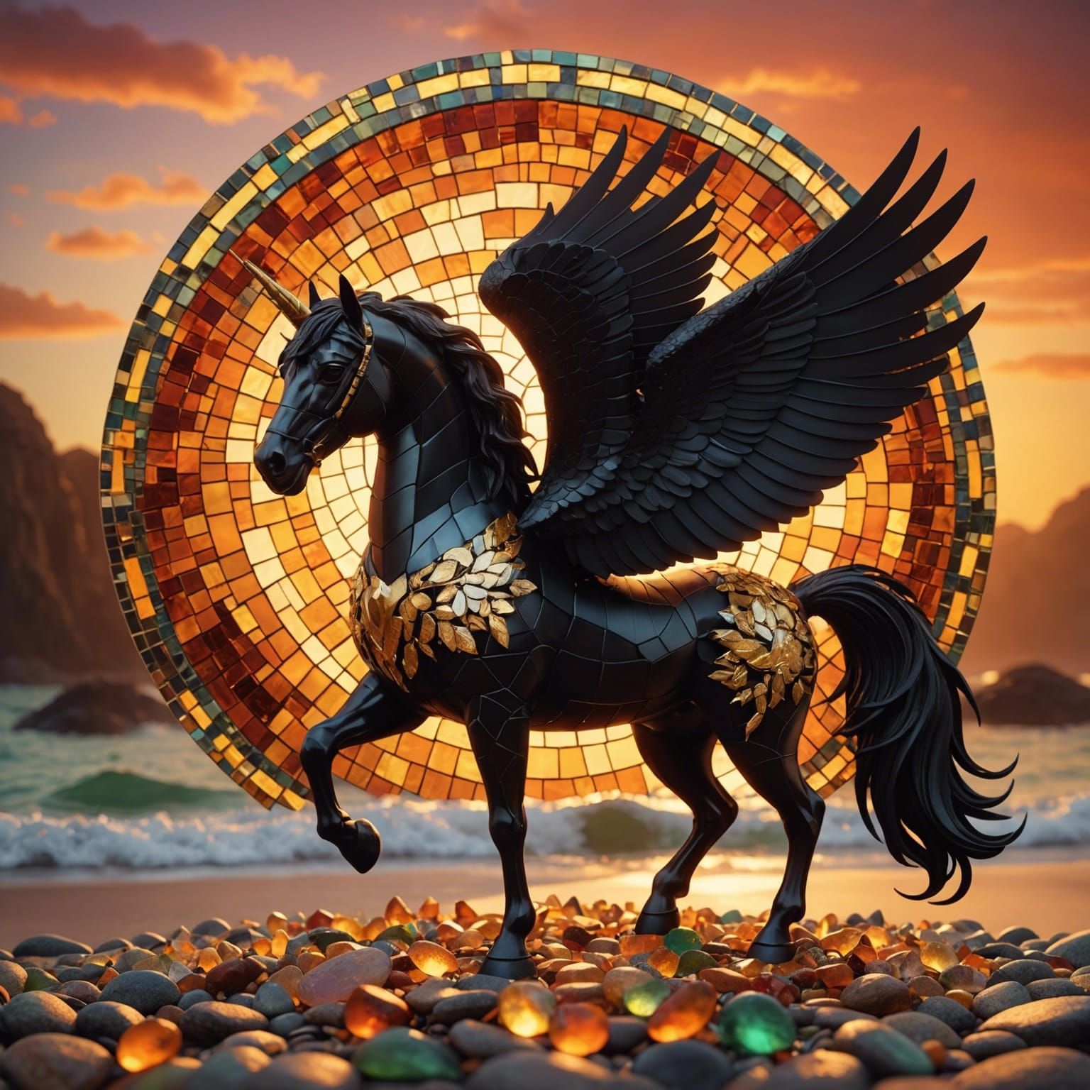 Seaglass Mosaic of a Black and Gold Pegasus
