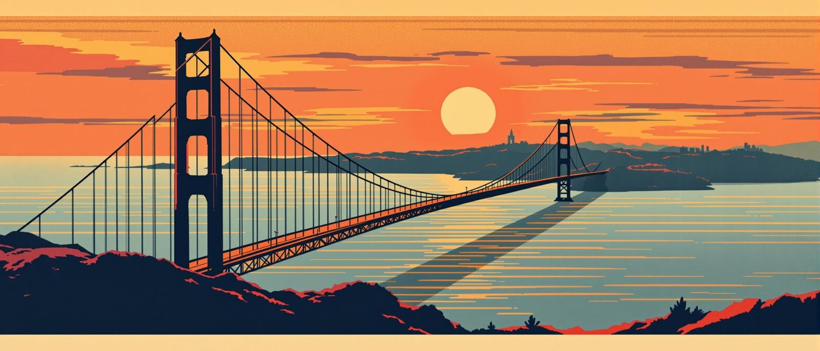 Golden Gate Bridge Sunset in Art Deco Style