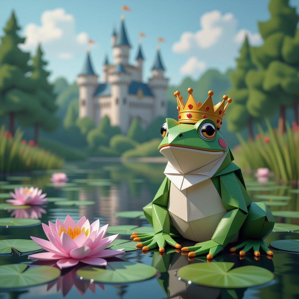 Frog Prince by Lily Pond with Castle, Origami Style