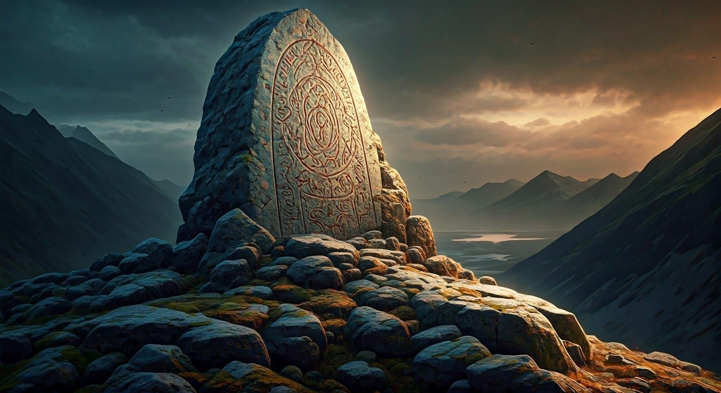 Ethereal Ancient Monument in Dramatic, High-Contrast Landsca...