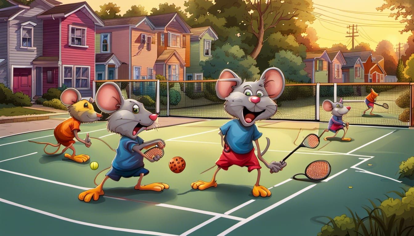 Blind Mice Play Pickleball in Vibrant Urban Scene