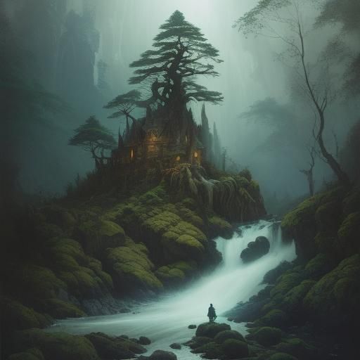 Waterfall Beard Wizard in Primeval World as Oil Painting