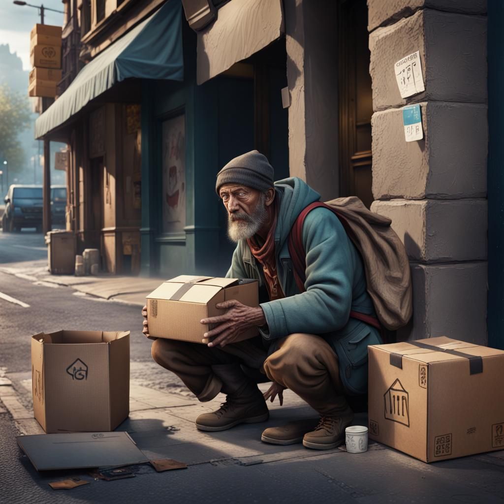 Homeless Man Begging: Detailed Matte Painting