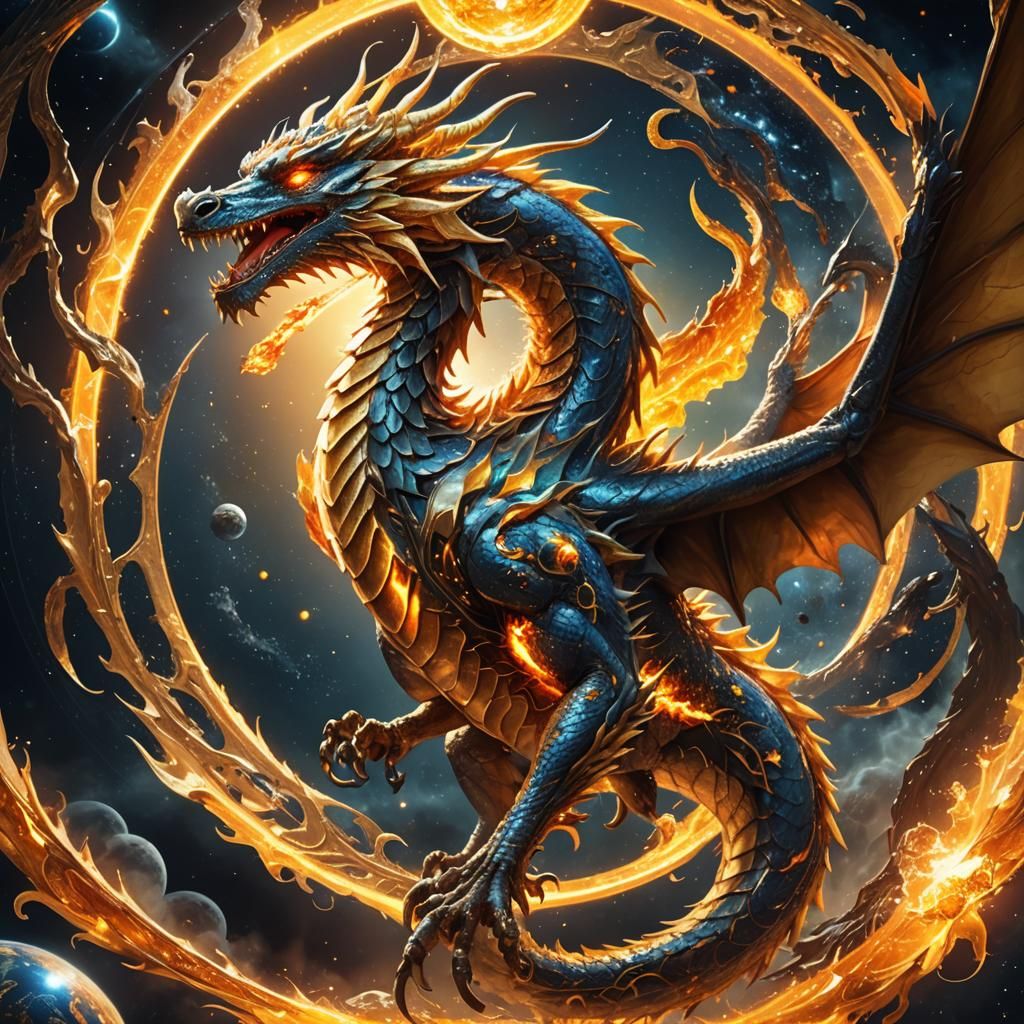 Golden Dragon Circles the Sun in Sci-Fi Style