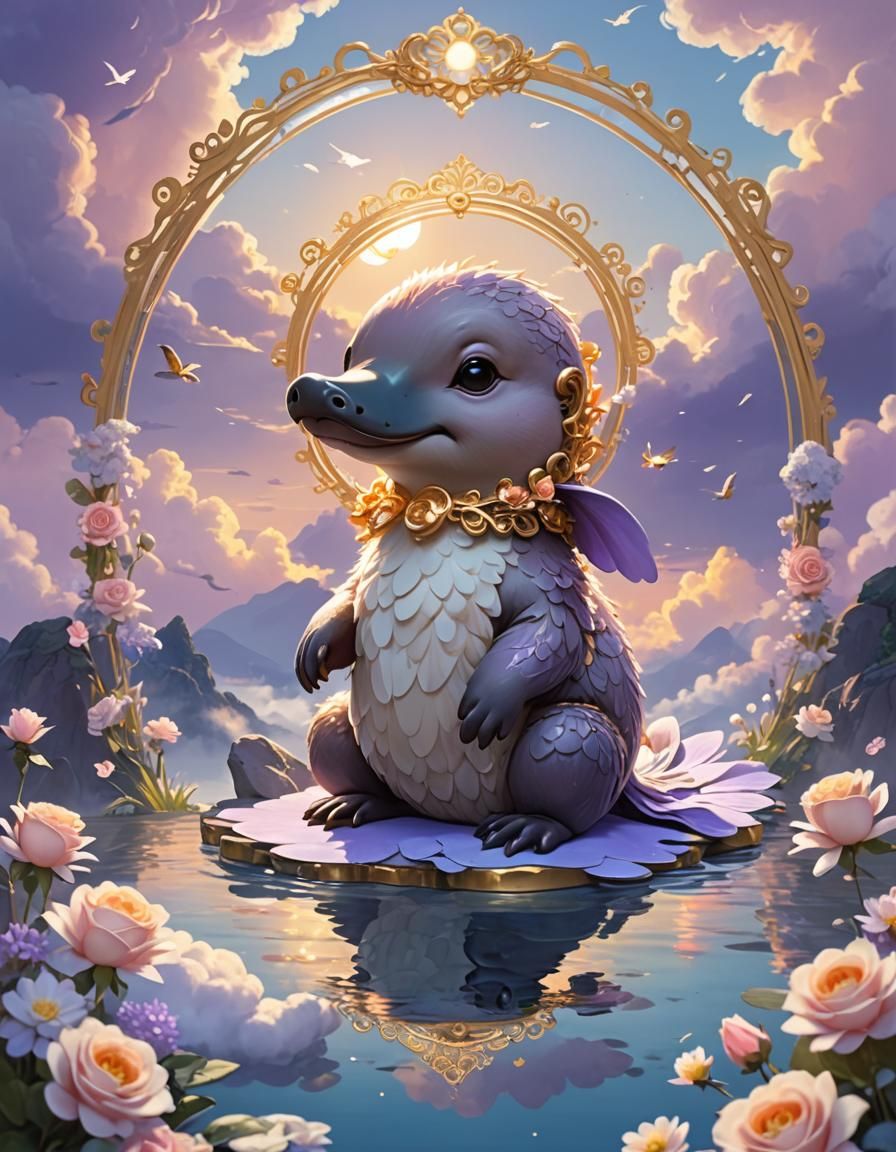 An adorable platypus with a radiant golden halo on a fluffy ...
