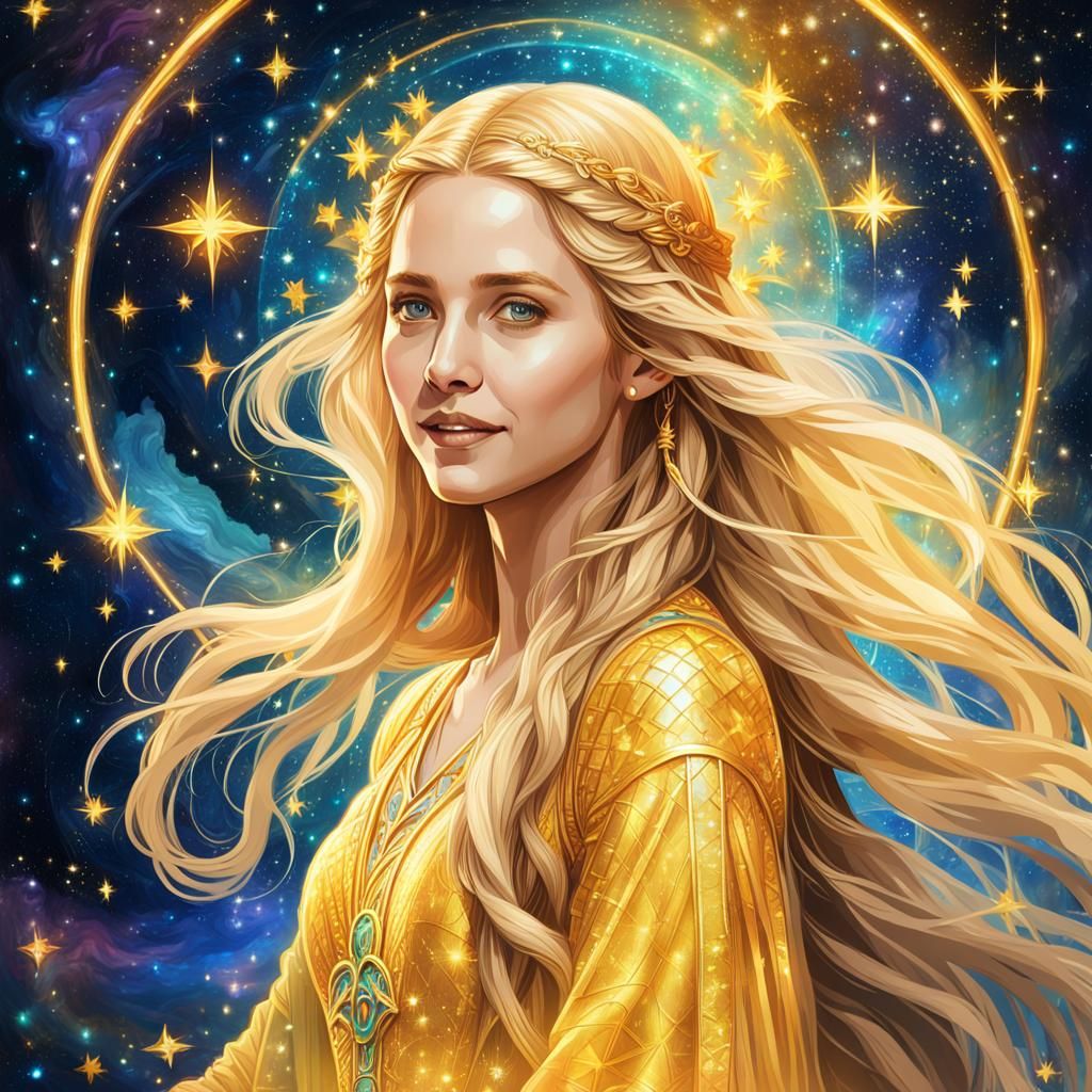 Galadriel Portrait with Golden Hair, Astral Illustration