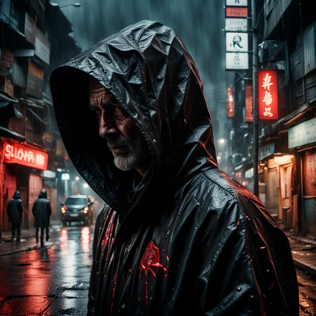 close-up portrait of Mysterious hooded faceless stranger wearing black raincoat in slums of dark fantasy city!!! rainy n...