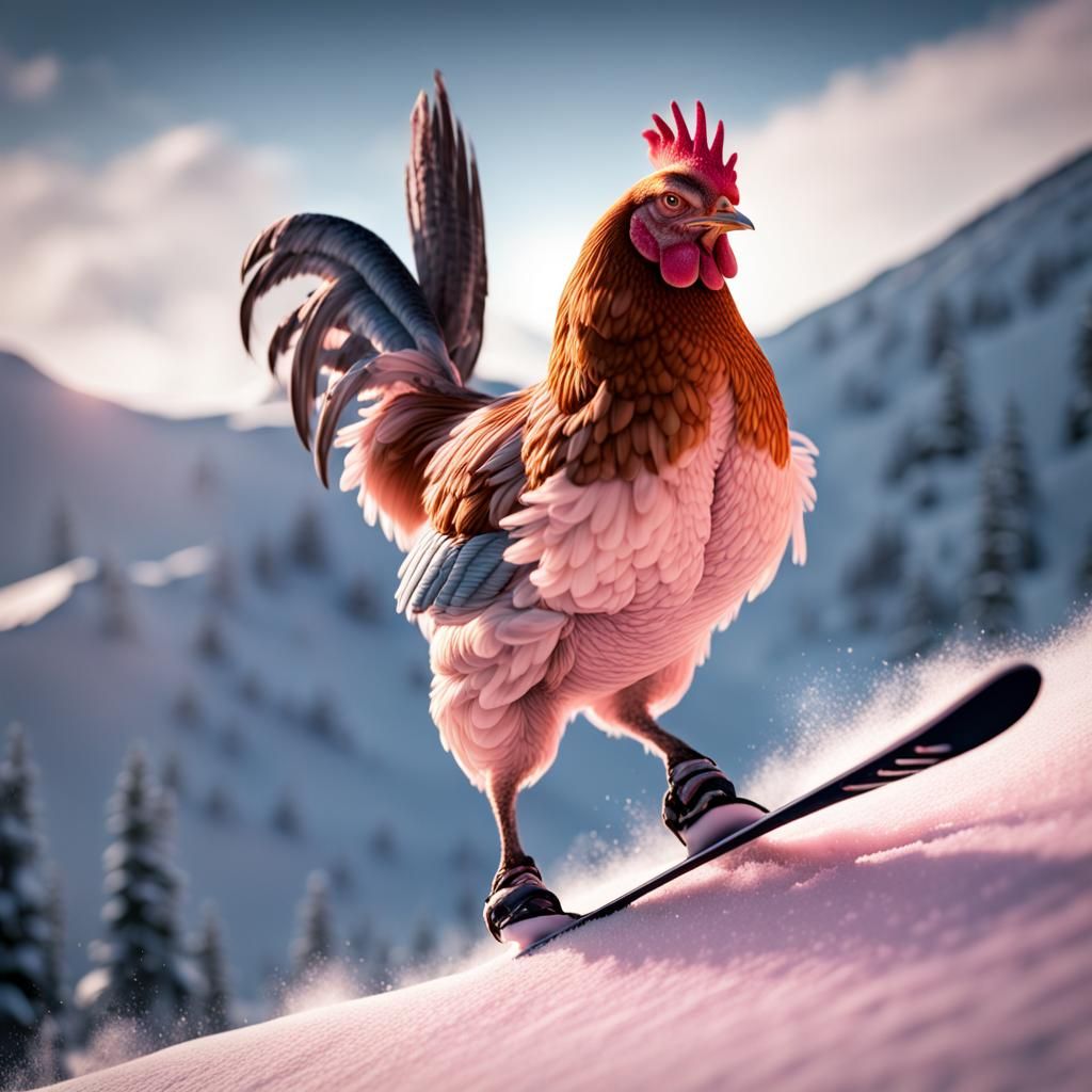 Chicken Skiing on Pink and Blue Snow