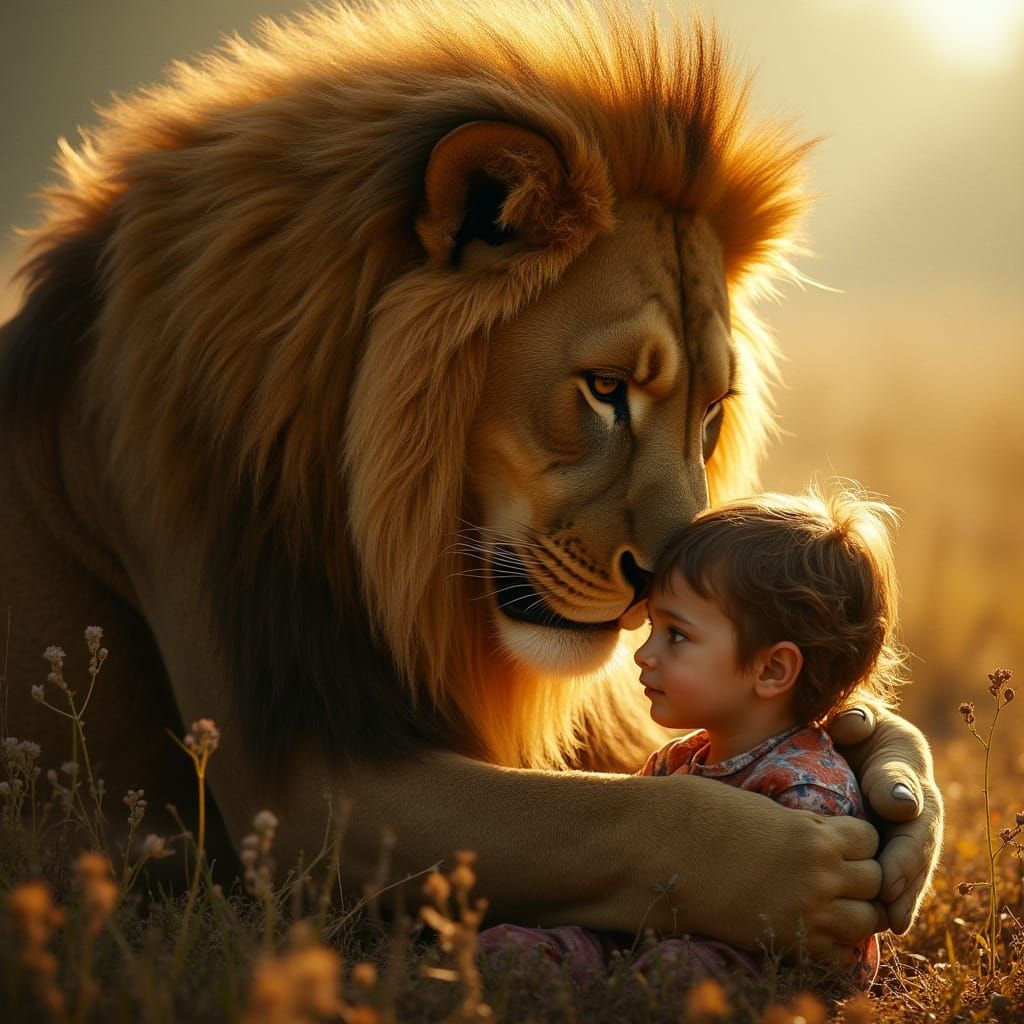 Majestic Lion Embracing Child in Cinematic Style