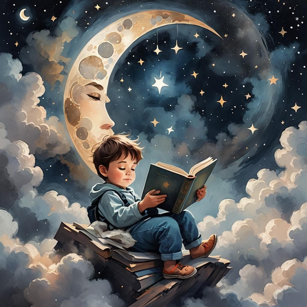 Child Reading Under Abstract Moonlit Sky