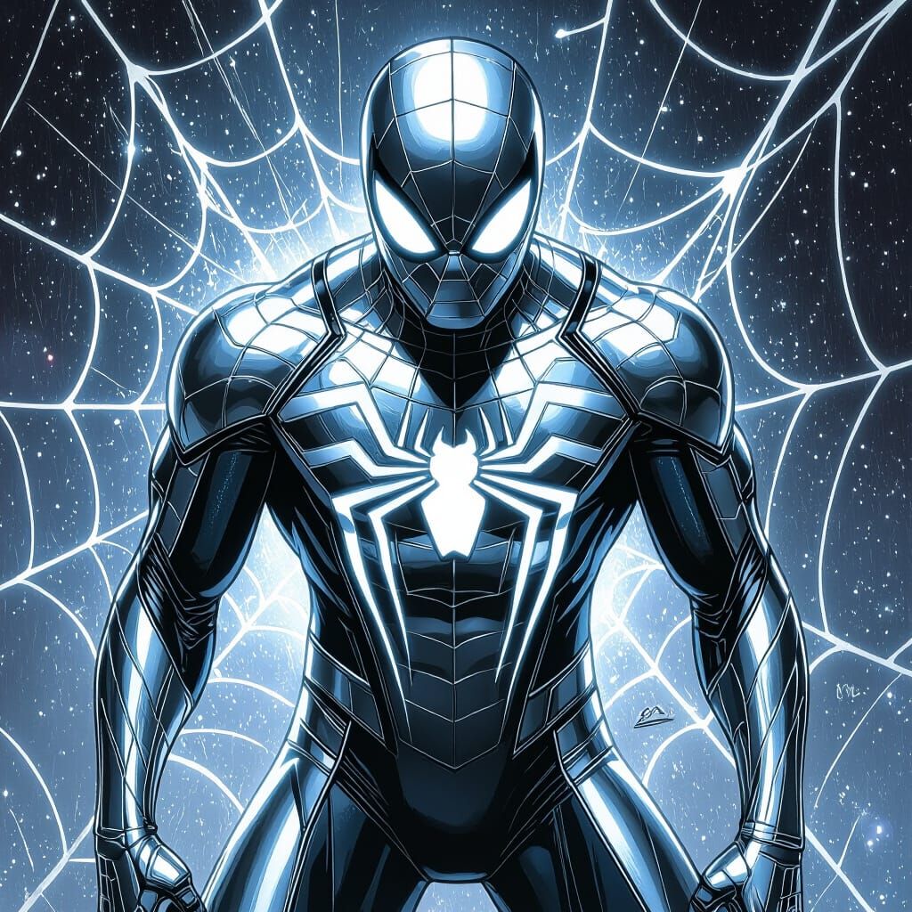 Spider-Man in Metallic Silver Suit, Sci-Fi Comic Art