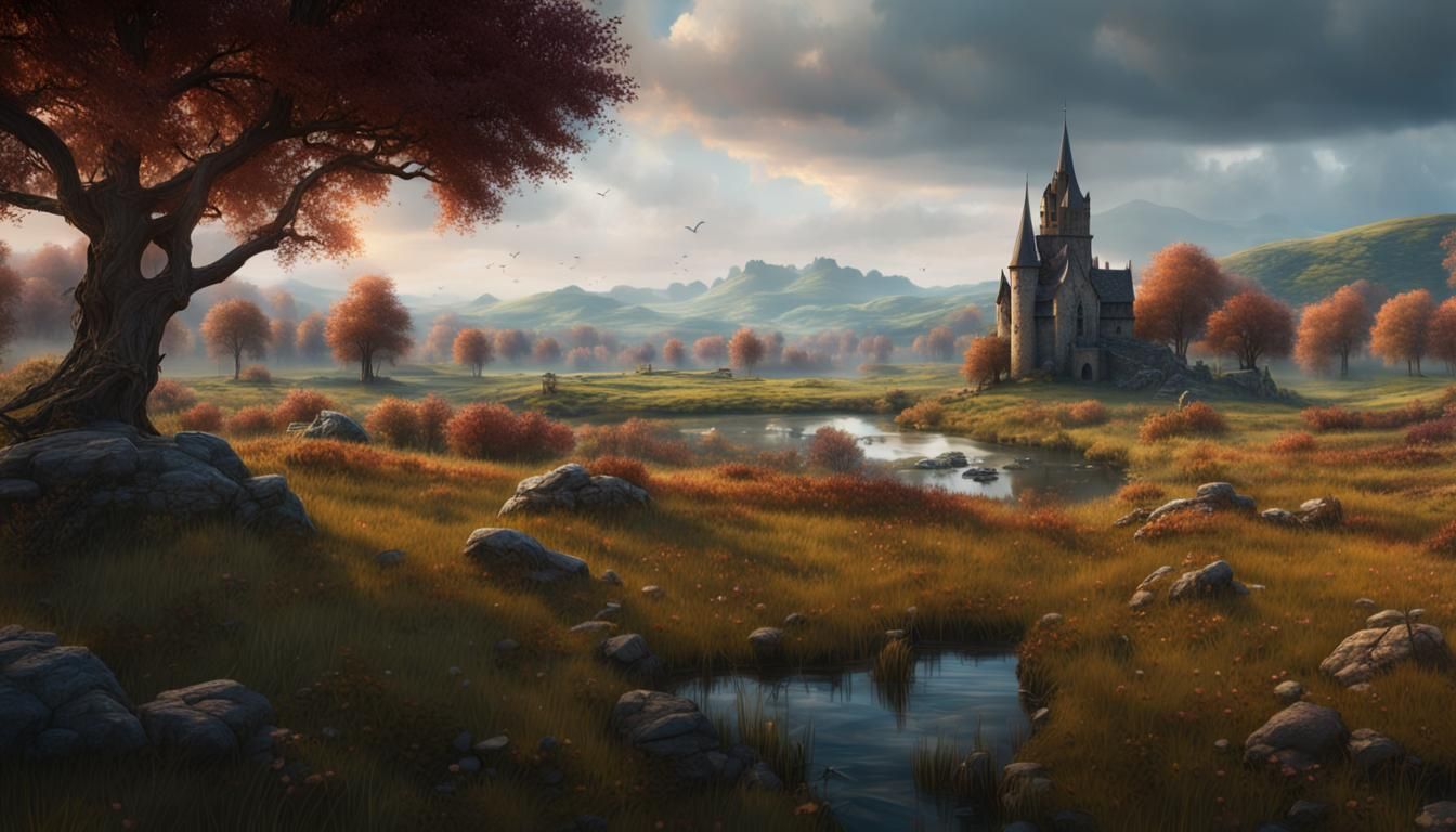 Fantasy Landscape with Medieval Village in Matte Painting