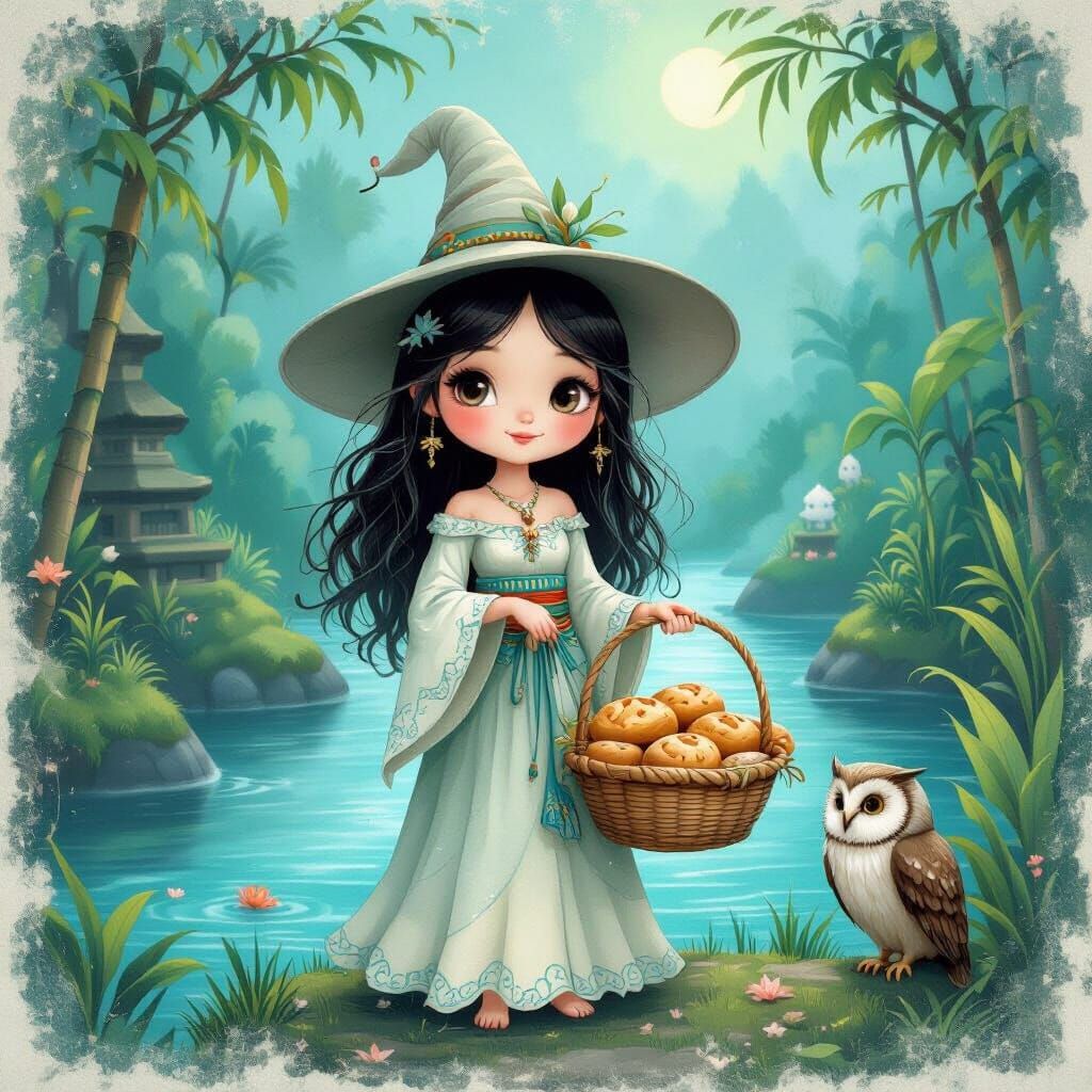 Sorceress with Bread in Dreamlike Bali Scene