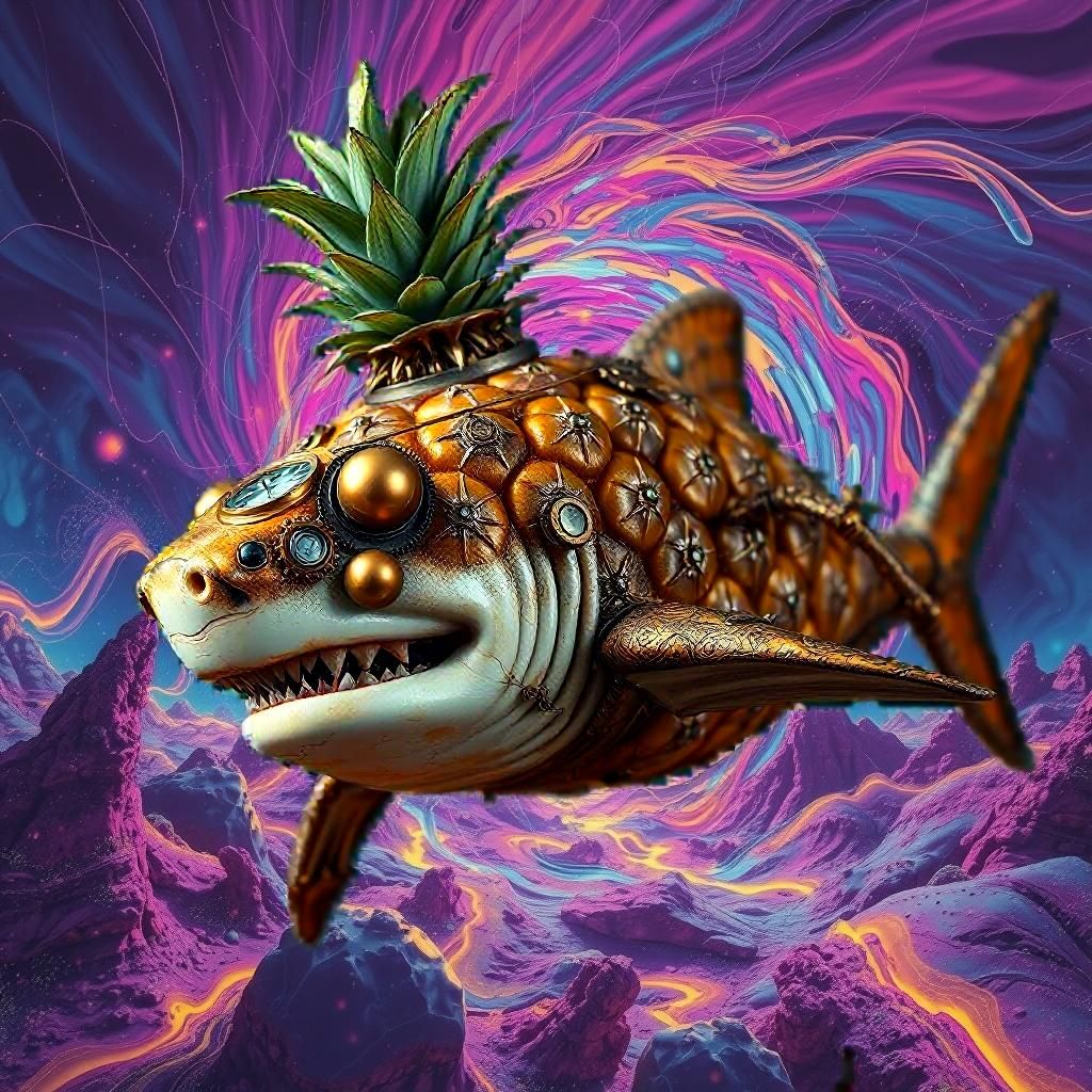 Pineapple Creature Rides Shark in Steampunk Fairycore Style