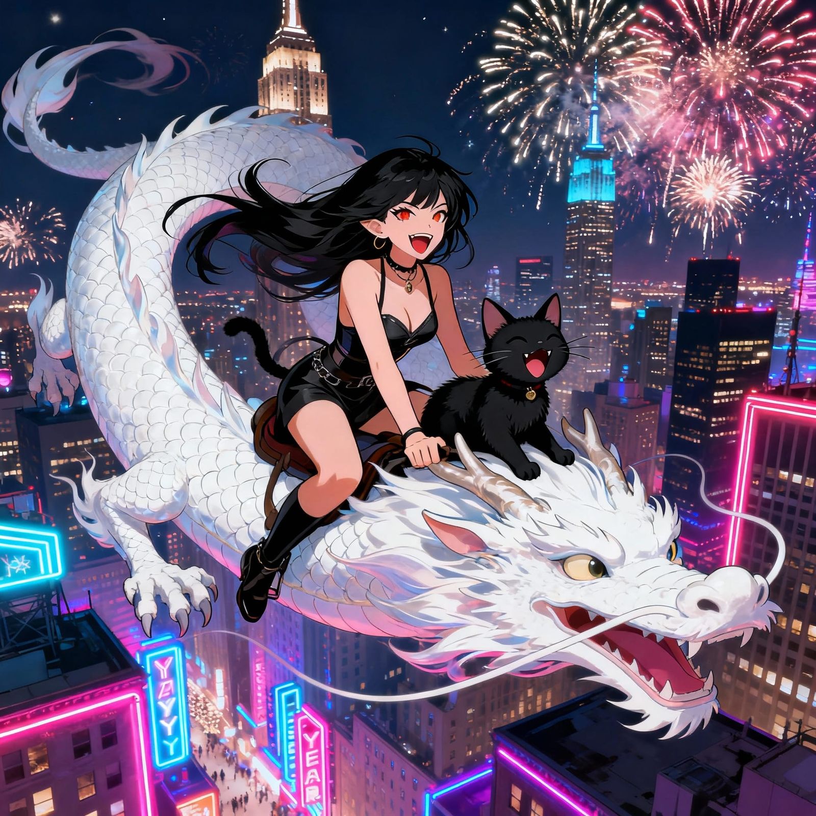 Woman, Cat, Dragon Flying Over NYC on New Year's Eve in Anim...