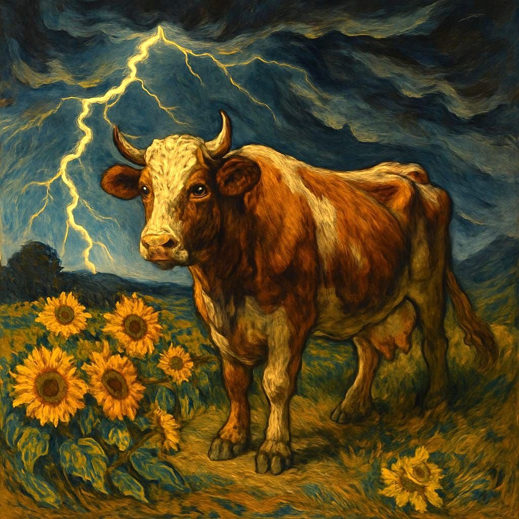 Cow in Thunderstorm as Regionalist Painting