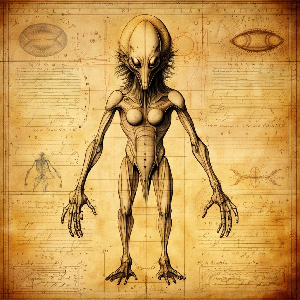 Alien Creature Blueprint in Renaissance Sketch Style