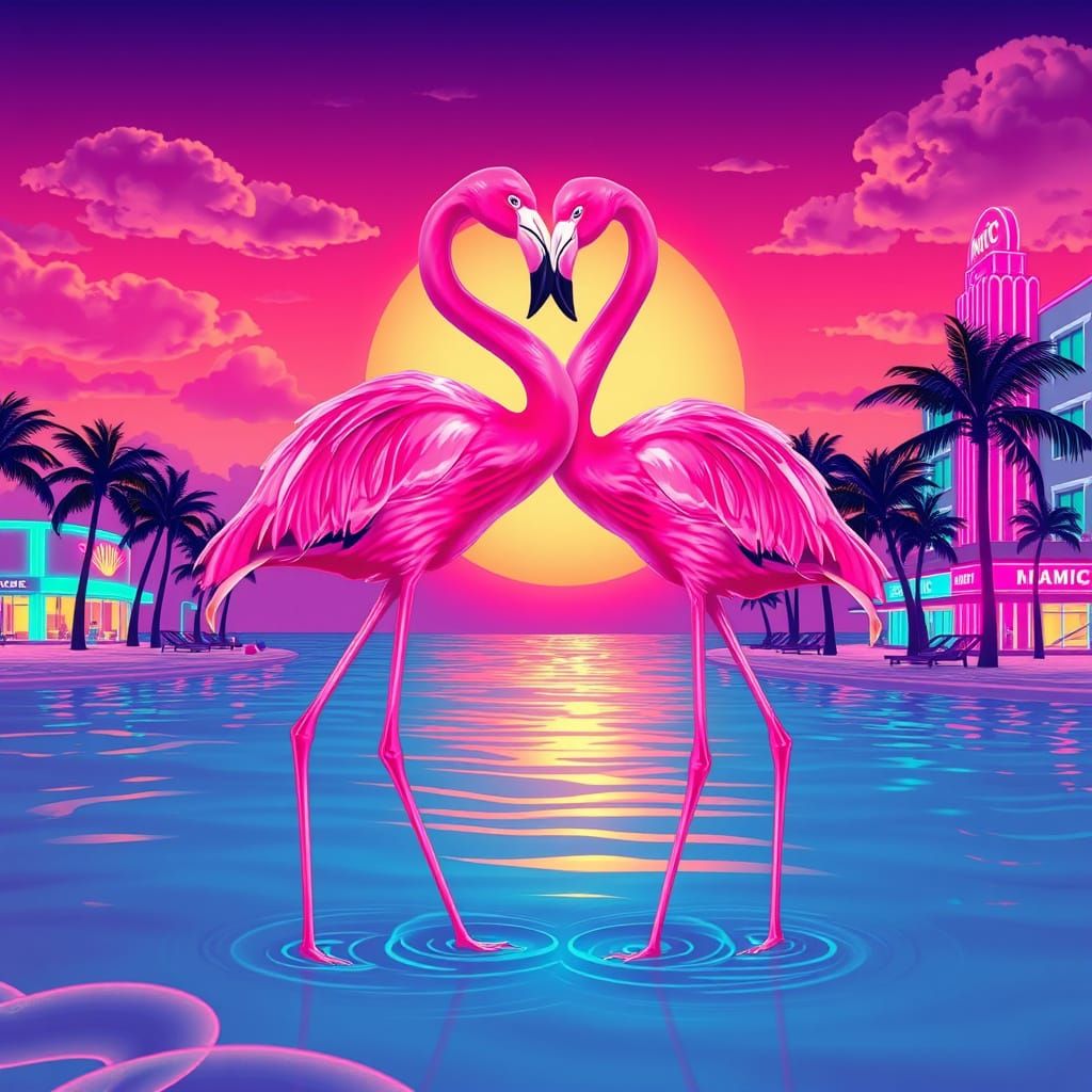 Retro-Futuristic Flamingos in Tropical Bliss