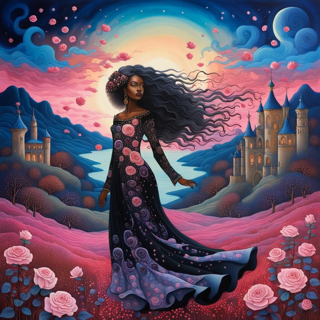 Rose Dress in Surreal Fantasy Landscape