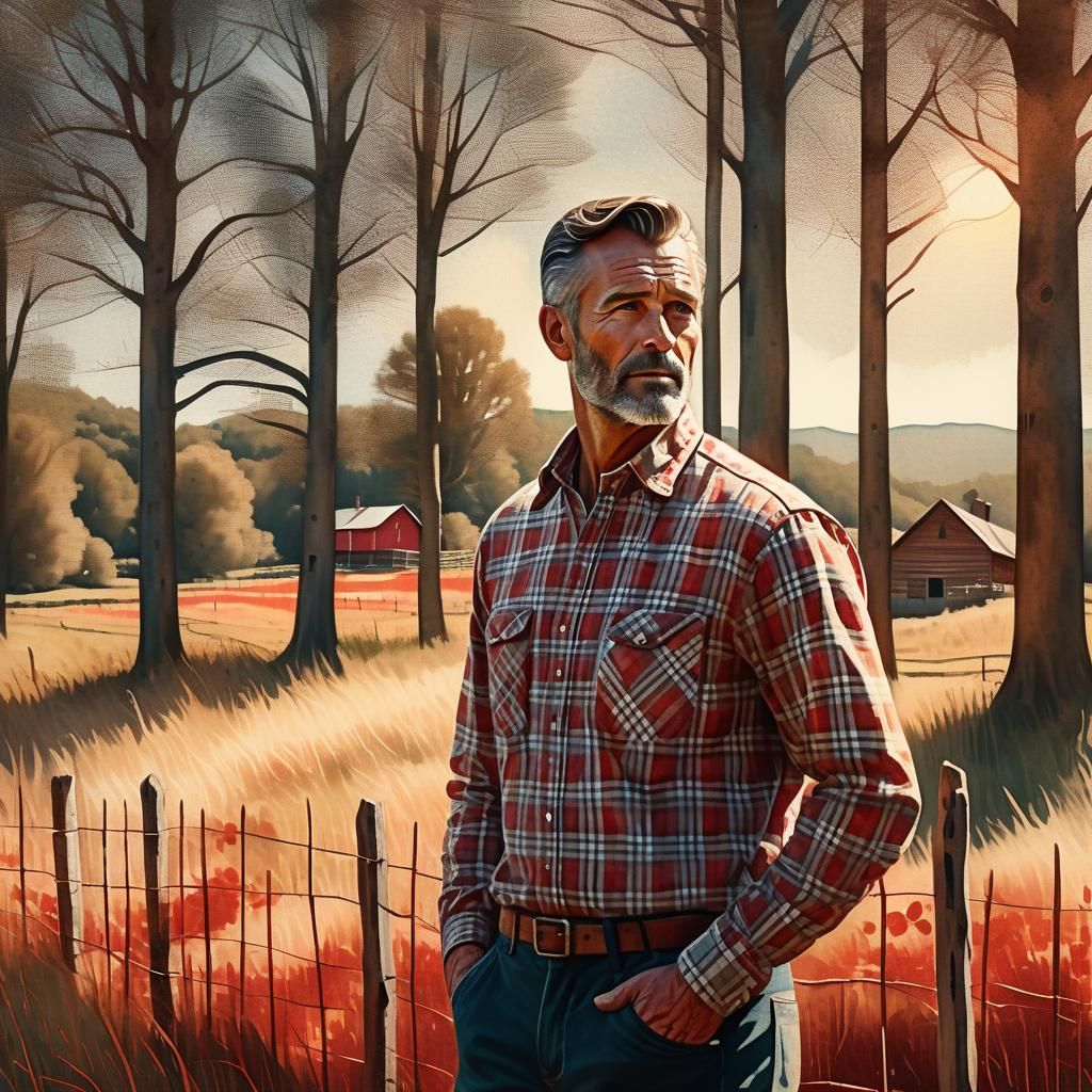 Man in Checked Shirt: Retro Watercolor Illustration