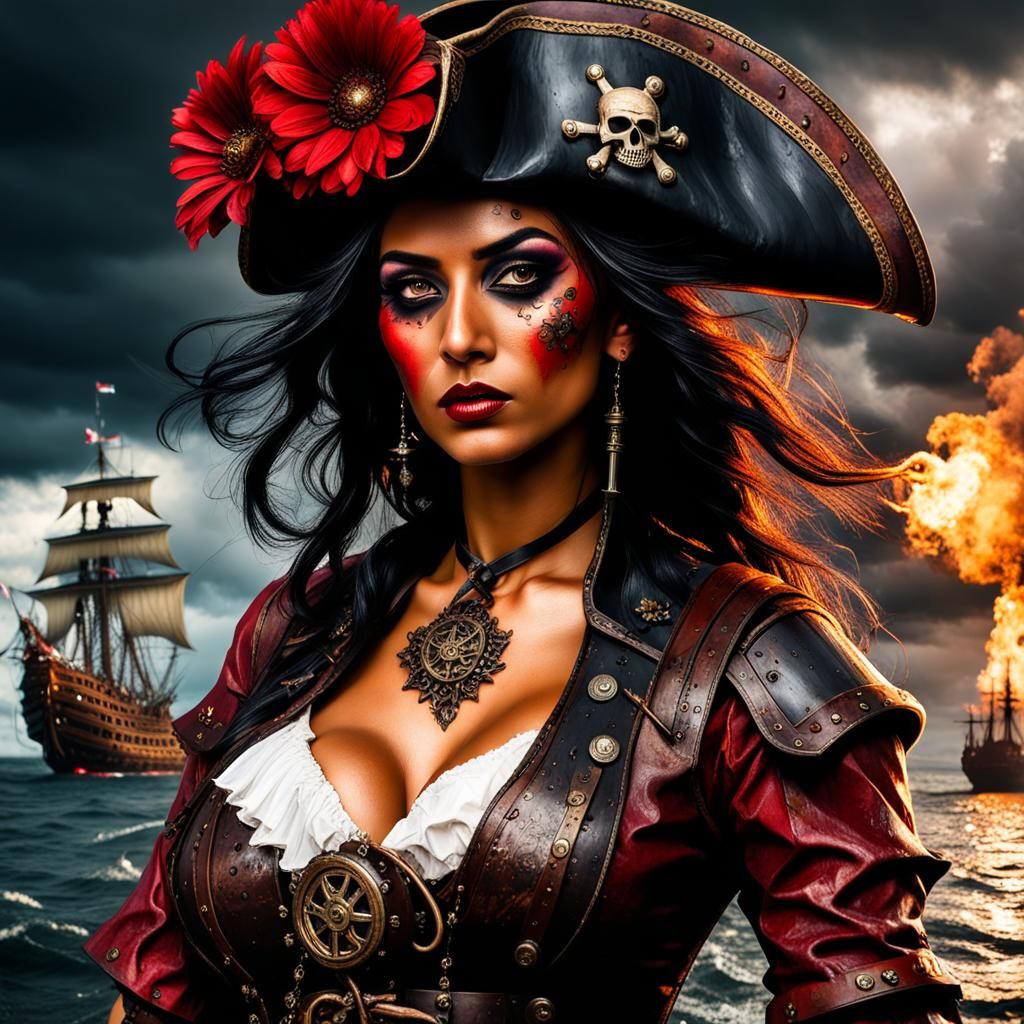 Steampunk Tribal Woman on Pirate Ship in Stormy Evening