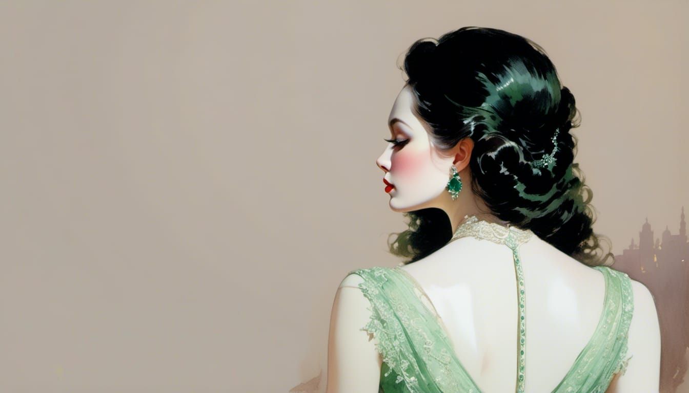 Woman in Green Lace Gown, Dramatic Lighting