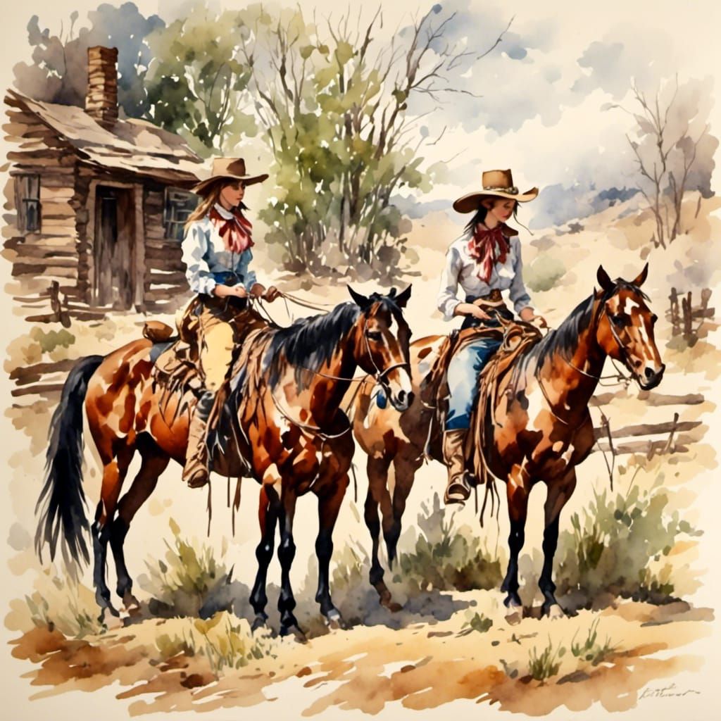 Deadwood Cowgirls Tying Horses, Antique Watercolor Style