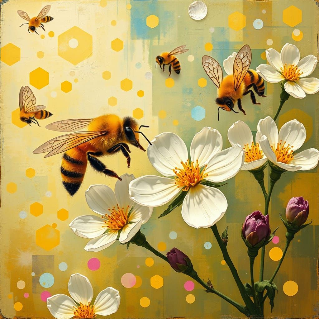 Surreal Spring Blooms with Dancing Honeybees