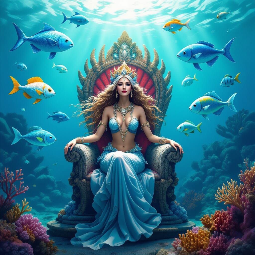 Ocean Goddess on Coral Throne with Mythical Sea Creatures