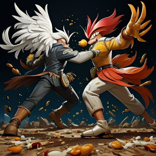 Metallic Roosters Engage in Futuristic Egg-Throwing Battle