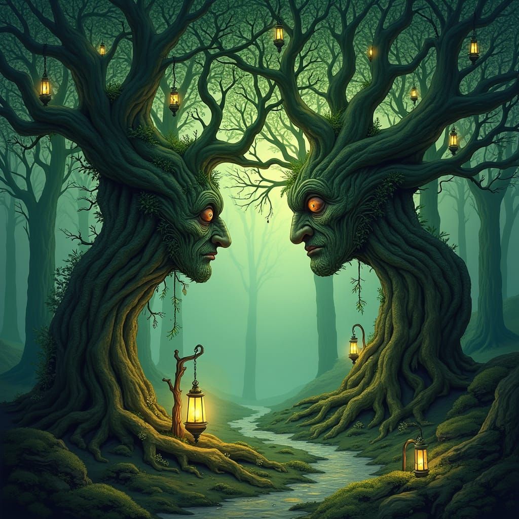 Enchanted Forest of Whispering Trees in Whimsical Style