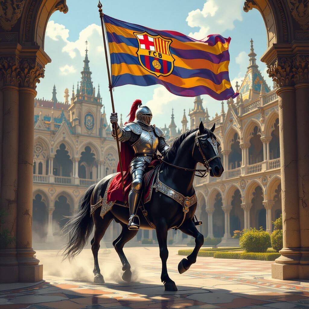 Knight with Barcelona Flag Rides Horse in Gothic Palace Cour...