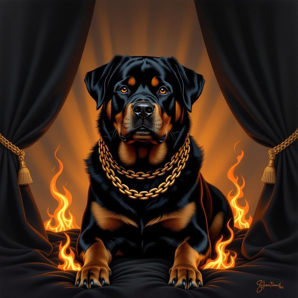 Regal Rottweiler with Fiery Paws in Dramatic Oil Painting